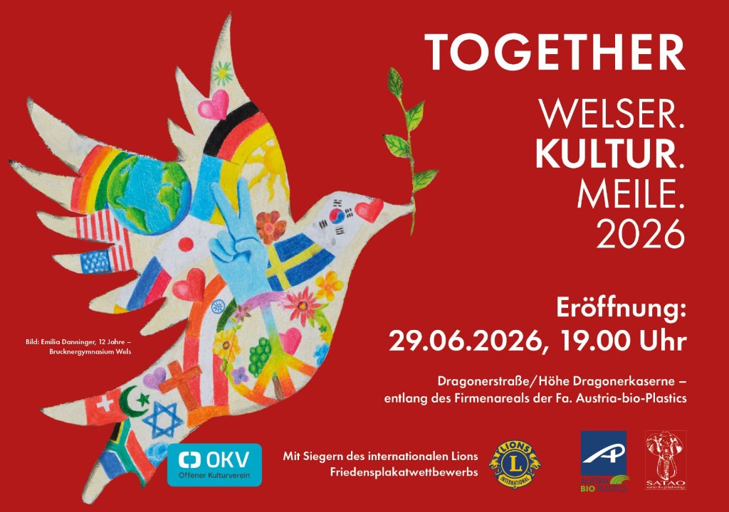TOGETHER — Welser Kulturmeile 2026 Einladung mit Friedenstaube
